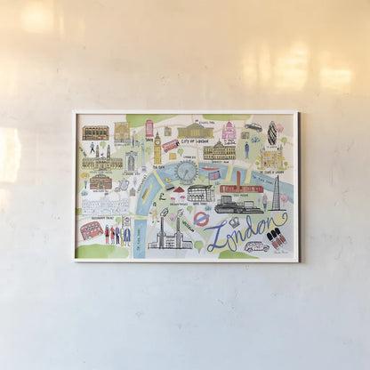 London Map Light by Farida Zaman. shown as a paper print in a white frame. Available as a archival giclee rolled canvas, fine art paper, or poster print. SKU 68065i.