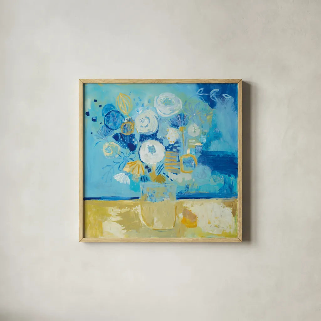 Lots of Flowers by Farida Zaman. Shown in a natural wood glass frame for a timeless modern aesthetic. Available as an archival giclee rolled canvas, fine art paper, or poster print. SKU 46817a.