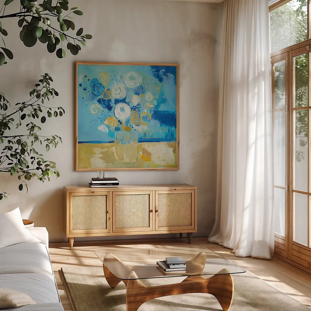 Lots of Flowers by Farida Zaman. Shown in a natural wood frame in a cozy modern living room. Available as an archival giclee rolled canvas, fine art paper, or poster print. SKU 46817a.