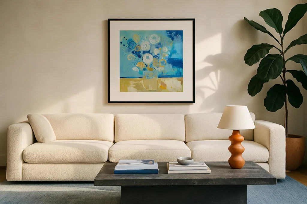 Lots of Flowers by Farida Zaman. Displayed in a glass frame with matte in a clean modern living room. Available as an archival giclee rolled canvas, fine art paper, or poster print. SKU 46817a.