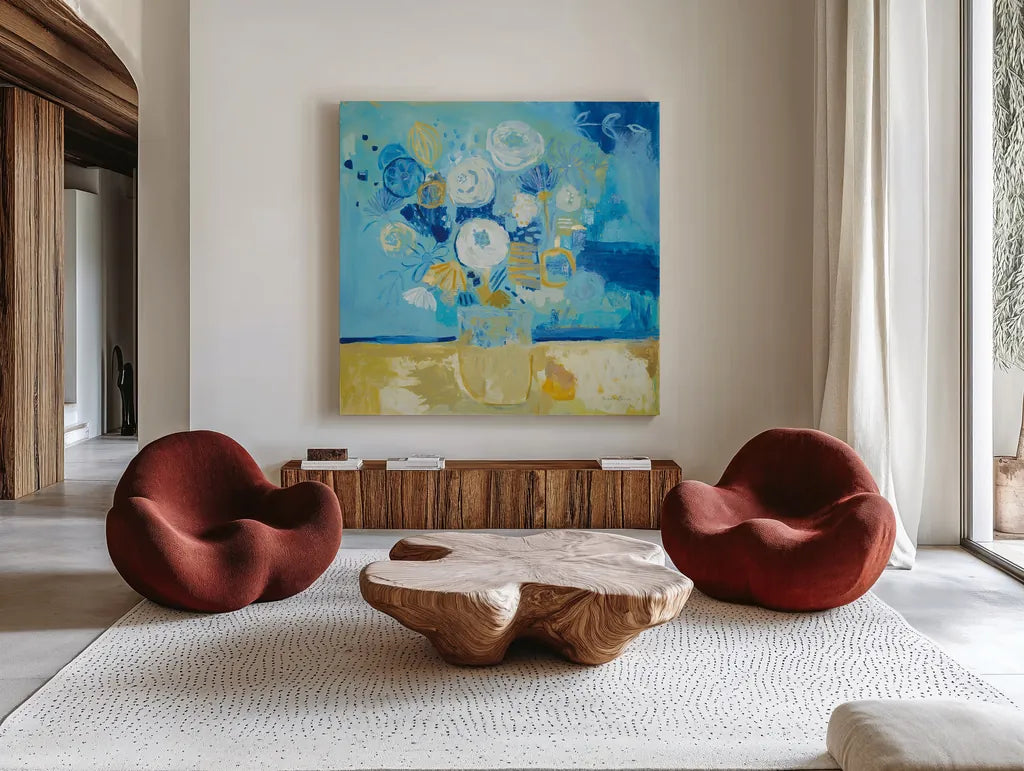 Lots of Flowers by Farida Zaman. Shown as extra-large giant wall art in a modern living room. Available as an archival giclee rolled canvas, fine art paper, or poster print. SKU 46817a.