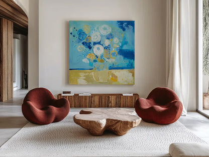 Lots of Flowers by Farida Zaman. Shown as extra-large giant wall art in a modern living room. Available as an archival giclee rolled canvas, fine art paper, or poster print. SKU 46817a.