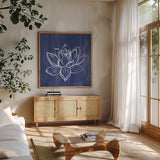 Lotus by Farida Zaman. Shown in a natural wood frame in a cozy modern living room. Available as an archival giclee rolled canvas, fine art paper, or poster print. SKU 64621a.