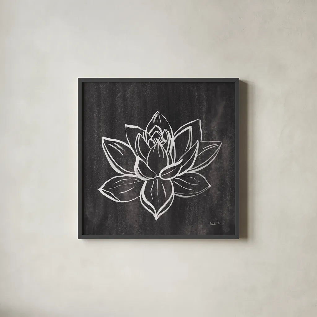 Lotus Gray by Farida Zaman. Shown in a sleek black glass frame for a contemporary gallery look. Available as an archival giclee rolled canvas, fine art paper, or poster print. SKU 68207a.