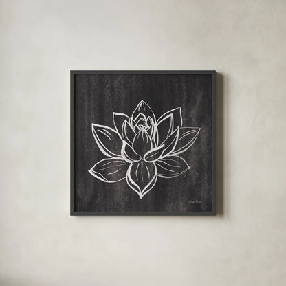 Lotus Gray by Farida Zaman. Shown in a sleek black glass frame for a contemporary gallery look. Available as an archival giclee rolled canvas, fine art paper, or poster print. SKU 68207a.