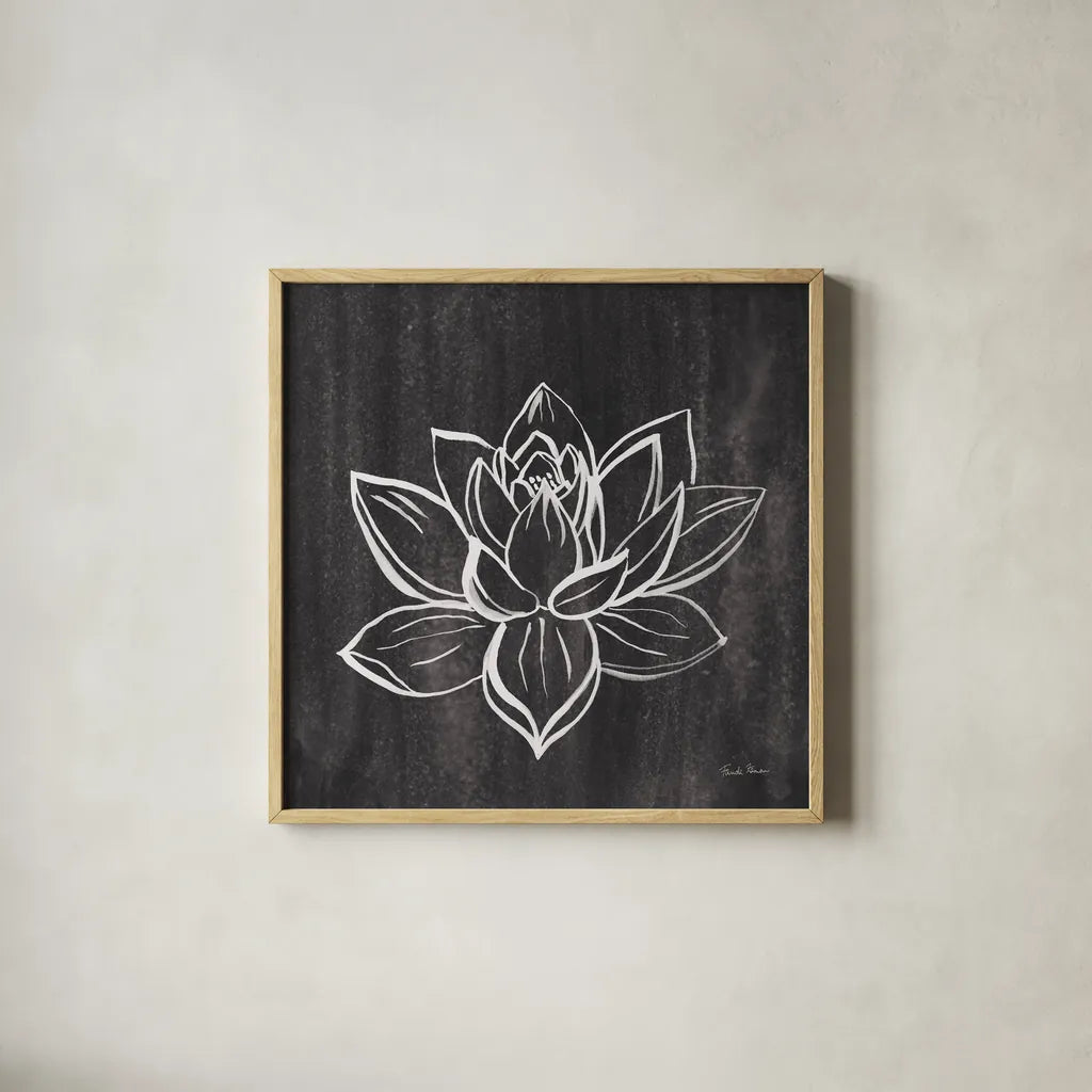 Lotus Gray by Farida Zaman. Shown in a natural wood glass frame for a timeless modern aesthetic. Available as an archival giclee rolled canvas, fine art paper, or poster print. SKU 68207a.