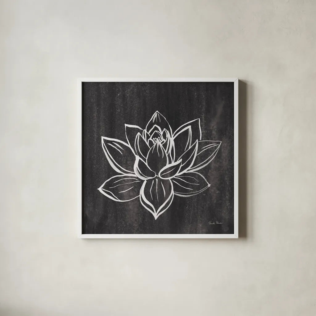 Lotus Gray by Farida Zaman. Shown in a crisp white glass frame for a clean and minimalist style. Available as an archival giclee rolled canvas, fine art paper, or poster print. SKU 68207a.