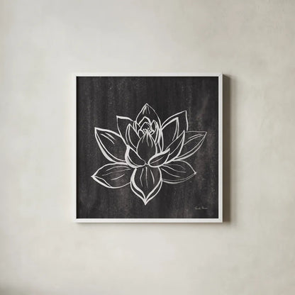 Lotus Gray by Farida Zaman. Shown in a crisp white glass frame for a clean and minimalist style. Available as an archival giclee rolled canvas, fine art paper, or poster print. SKU 68207a.
