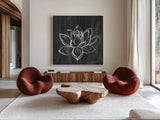 Lotus Gray by Farida Zaman. Shown as extra-large giant wall art in a modern living room. Available as an archival giclee rolled canvas, fine art paper, or poster print. SKU 68207a.
