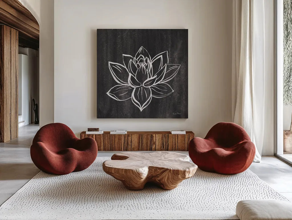 Lotus Gray by Farida Zaman. Shown as extra-large giant wall art in a modern living room. Available as an archival giclee rolled canvas, fine art paper, or poster print. SKU 68207a.