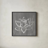 Lotus on Silver by Farida Zaman. Shown in a sleek black glass frame for a contemporary gallery look. Available as an archival giclee rolled canvas, fine art paper, or poster print. SKU 87833a.