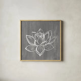 Lotus on Silver by Farida Zaman. Shown in a natural wood glass frame for a timeless modern aesthetic. Available as an archival giclee rolled canvas, fine art paper, or poster print. SKU 87833a.