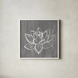 Lotus on Silver by Farida Zaman. Shown in a crisp white glass frame for a clean and minimalist style. Available as an archival giclee rolled canvas, fine art paper, or poster print. SKU 87833a.