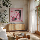 Love Shoes I by Farida Zaman. Shown in a natural wood frame in a cozy modern living room. Available as an archival giclee rolled canvas, fine art paper, or poster print. SKU 33247a.