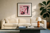 Love Shoes I by Farida Zaman. Displayed in a glass frame with matte in a clean modern living room. Available as an archival giclee rolled canvas, fine art paper, or poster print. SKU 33247a.