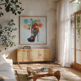 Love Shoes II by Farida Zaman. Shown in a natural wood frame in a cozy modern living room. Available as an archival giclee rolled canvas, fine art paper, or poster print. SKU 33248a.