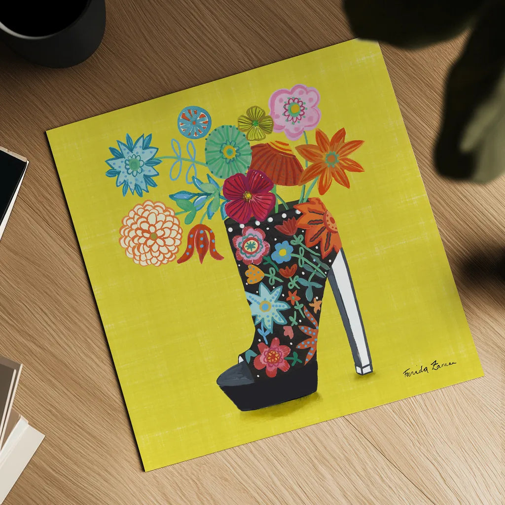 Love Shoes II Bright by Farida Zaman. Shown as a detailed flat fine art print, highlighting archival giclee quality. Available as an archival giclee rolled canvas, fine art paper, or poster print. SKU 85472a.