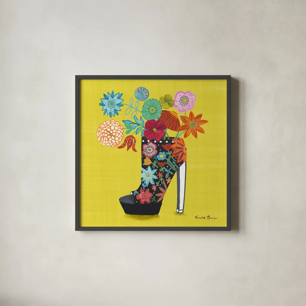 Love Shoes II Bright by Farida Zaman. Shown in a sleek black glass frame for a contemporary gallery look. Available as an archival giclee rolled canvas, fine art paper, or poster print. SKU 85472a.