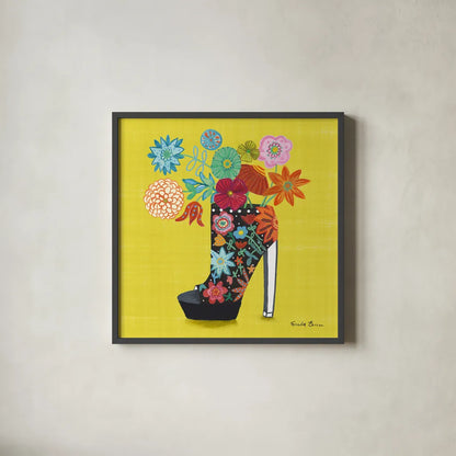 Love Shoes II Bright by Farida Zaman. Shown in a sleek black glass frame for a contemporary gallery look. Available as an archival giclee rolled canvas, fine art paper, or poster print. SKU 85472a.