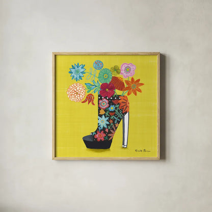 Love Shoes II Bright by Farida Zaman. Shown in a natural wood glass frame for a timeless modern aesthetic. Available as an archival giclee rolled canvas, fine art paper, or poster print. SKU 85472a.