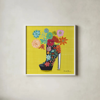 Love Shoes II Bright by Farida Zaman. Shown in a crisp white glass frame for a clean and minimalist style. Available as an archival giclee rolled canvas, fine art paper, or poster print. SKU 85472a.
