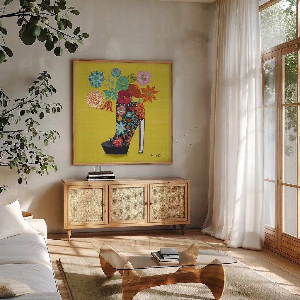 Love Shoes II Bright by Farida Zaman. Shown in a natural wood frame in a cozy modern living room. Available as an archival giclee rolled canvas, fine art paper, or poster print. SKU 85472a.