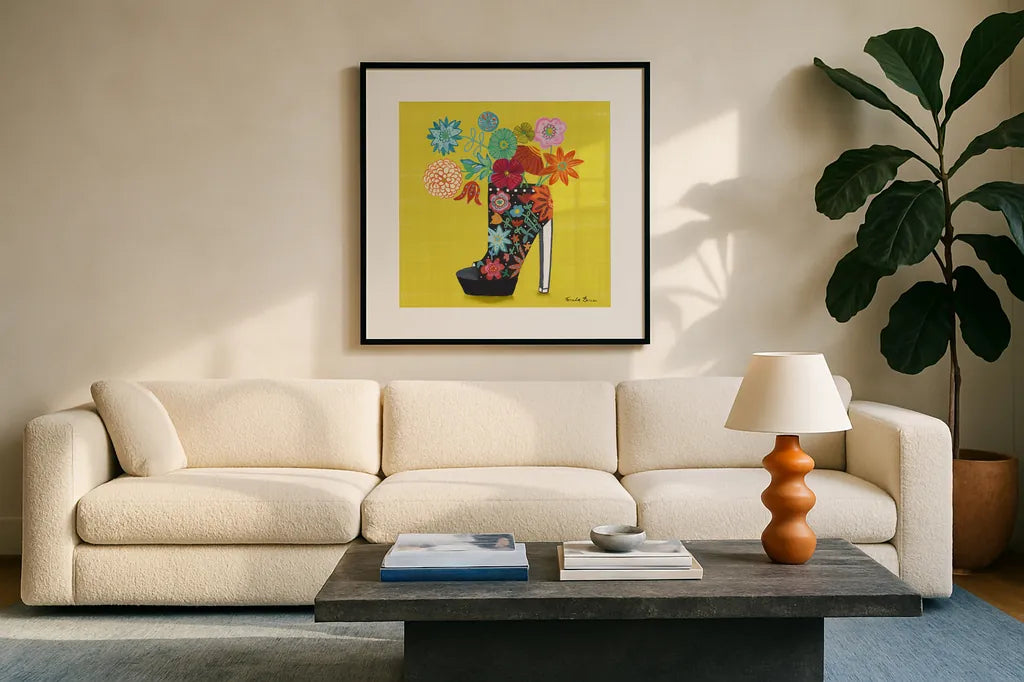 Love Shoes II Bright by Farida Zaman. Displayed in a glass frame with matte in a clean modern living room. Available as an archival giclee rolled canvas, fine art paper, or poster print. SKU 85472a.