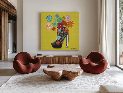 Love Shoes II Bright by Farida Zaman. Shown as extra-large giant wall art in a modern living room. Available as an archival giclee rolled canvas, fine art paper, or poster print. SKU 85472a.