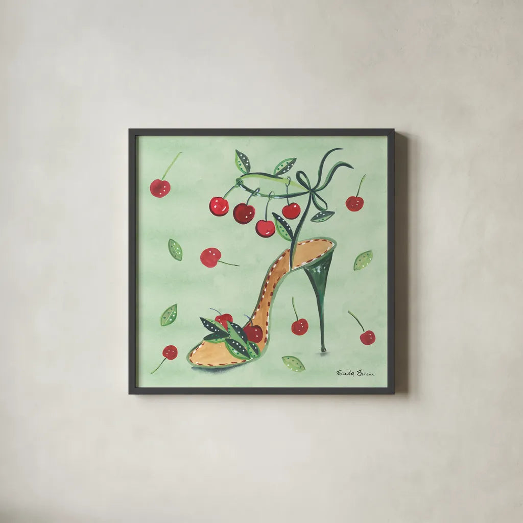 Love Shoes III by Farida Zaman. Shown in a sleek black glass frame for a contemporary gallery look. Available as an archival giclee rolled canvas, fine art paper, or poster print. SKU 33249a.