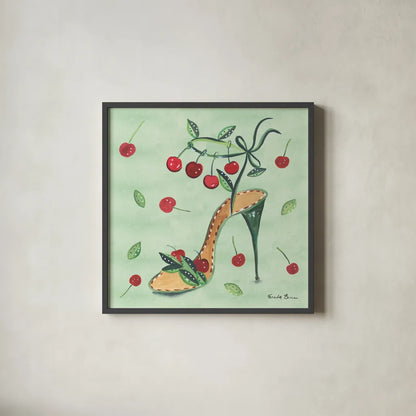 Love Shoes III by Farida Zaman. Shown in a sleek black glass frame for a contemporary gallery look. Available as an archival giclee rolled canvas, fine art paper, or poster print. SKU 33249a.