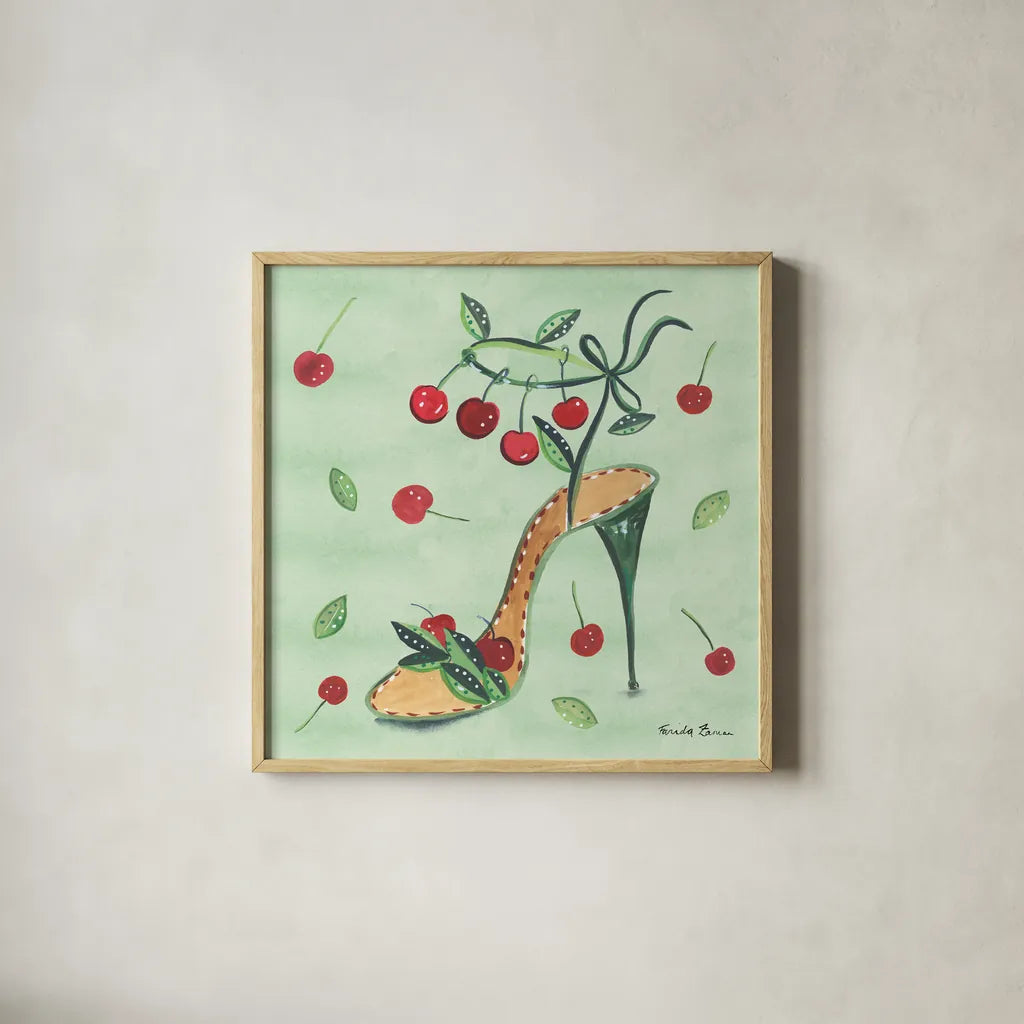 Love Shoes III by Farida Zaman. Shown in a natural wood glass frame for a timeless modern aesthetic. Available as an archival giclee rolled canvas, fine art paper, or poster print. SKU 33249a.