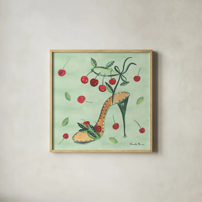 Love Shoes III by Farida Zaman. Shown in a natural wood glass frame for a timeless modern aesthetic. Available as an archival giclee rolled canvas, fine art paper, or poster print. SKU 33249a.