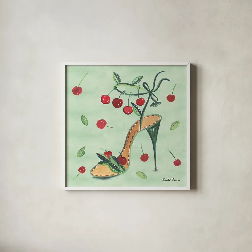 Love Shoes III by Farida Zaman. Shown in a crisp white glass frame for a clean and minimalist style. Available as an archival giclee rolled canvas, fine art paper, or poster print. SKU 33249a.