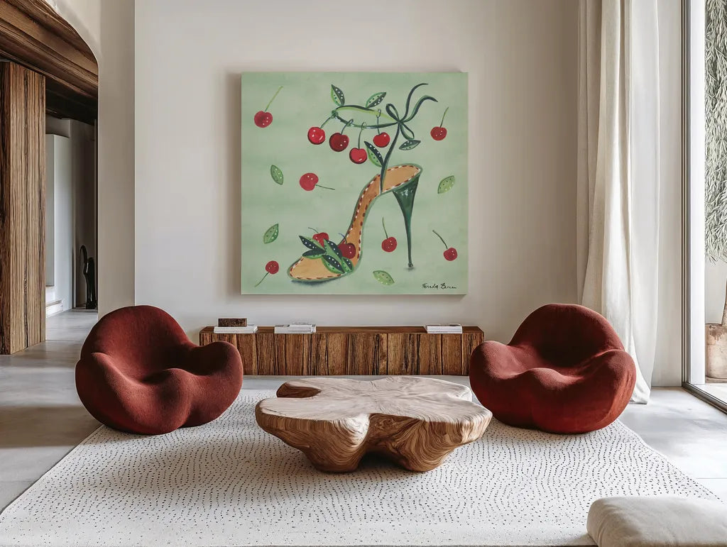 Love Shoes III by Farida Zaman. Shown as extra-large giant wall art in a modern living room. Available as an archival giclee rolled canvas, fine art paper, or poster print. SKU 33249a.
