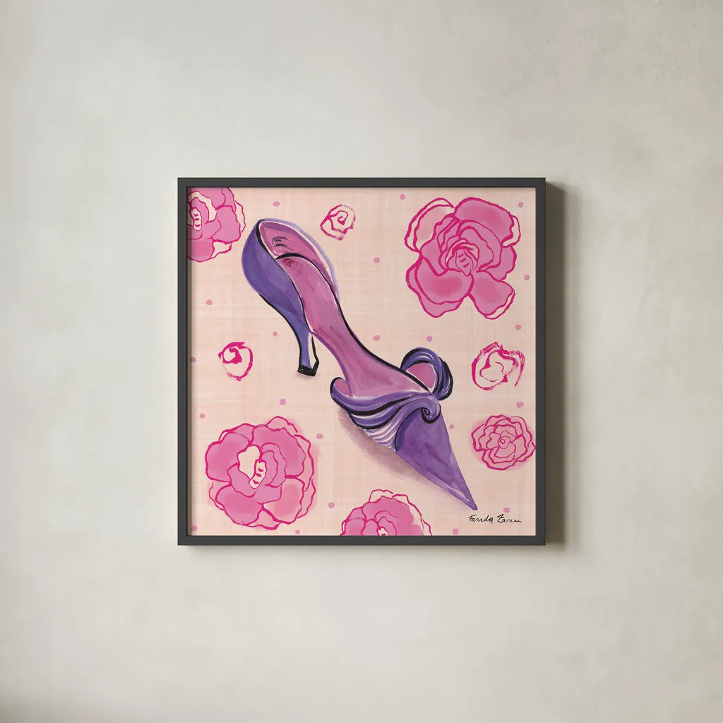 Love Shoes IV by Farida Zaman. Shown in a sleek black glass frame for a contemporary gallery look. Available as an archival giclee rolled canvas, fine art paper, or poster print. SKU 33250a.