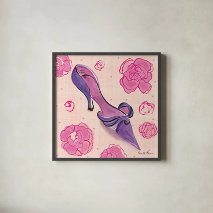 Love Shoes IV by Farida Zaman. Shown in a sleek black glass frame for a contemporary gallery look. Available as an archival giclee rolled canvas, fine art paper, or poster print. SKU 33250a.