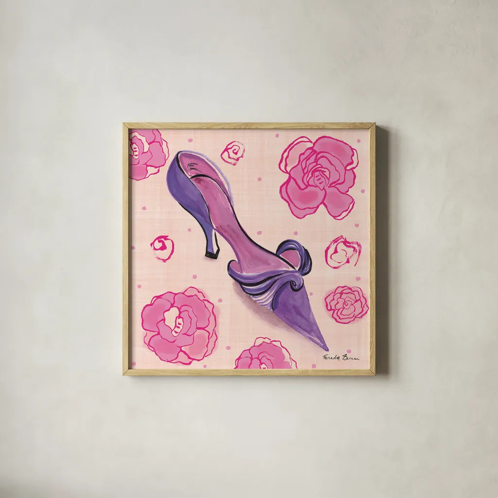Love Shoes IV by Farida Zaman. Shown in a natural wood glass frame for a timeless modern aesthetic. Available as an archival giclee rolled canvas, fine art paper, or poster print. SKU 33250a.