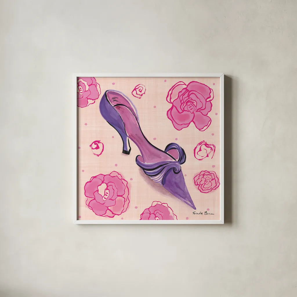 Love Shoes IV by Farida Zaman. Shown in a crisp white glass frame for a clean and minimalist style. Available as an archival giclee rolled canvas, fine art paper, or poster print. SKU 33250a.