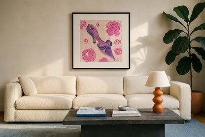 Love Shoes IV by Farida Zaman. Displayed in a glass frame with matte in a clean modern living room. Available as an archival giclee rolled canvas, fine art paper, or poster print. SKU 33250a.