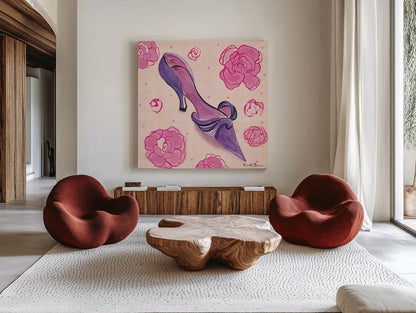 Love Shoes IV by Farida Zaman. Shown as extra-large giant wall art in a modern living room. Available as an archival giclee rolled canvas, fine art paper, or poster print. SKU 33250a.