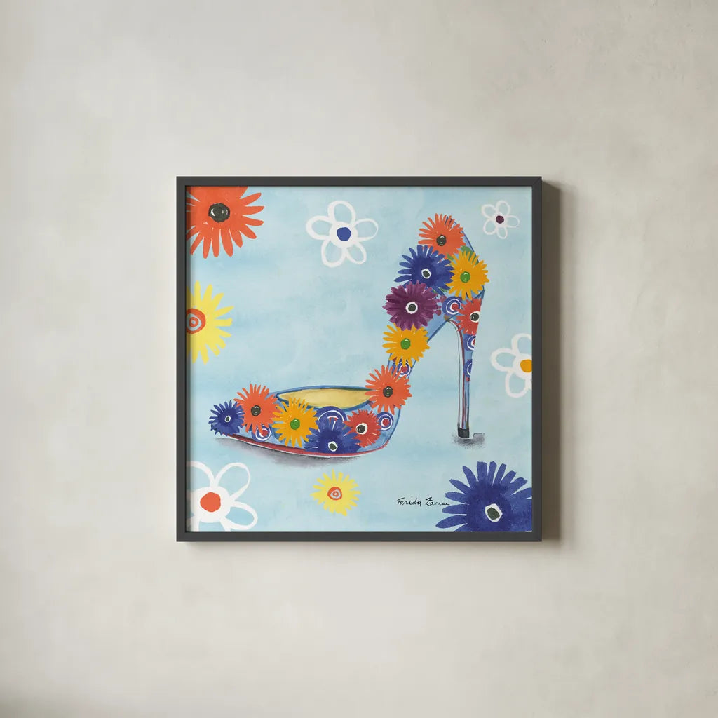 Love Shoes V by Farida Zaman. Shown in a sleek black glass frame for a contemporary gallery look. Available as an archival giclee rolled canvas, fine art paper, or poster print. SKU 33251a.