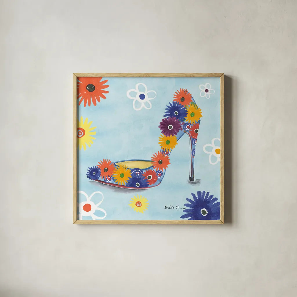 Love Shoes V by Farida Zaman. Shown in a natural wood glass frame for a timeless modern aesthetic. Available as an archival giclee rolled canvas, fine art paper, or poster print. SKU 33251a.