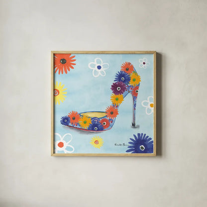 Love Shoes V by Farida Zaman. Shown in a natural wood glass frame for a timeless modern aesthetic. Available as an archival giclee rolled canvas, fine art paper, or poster print. SKU 33251a.