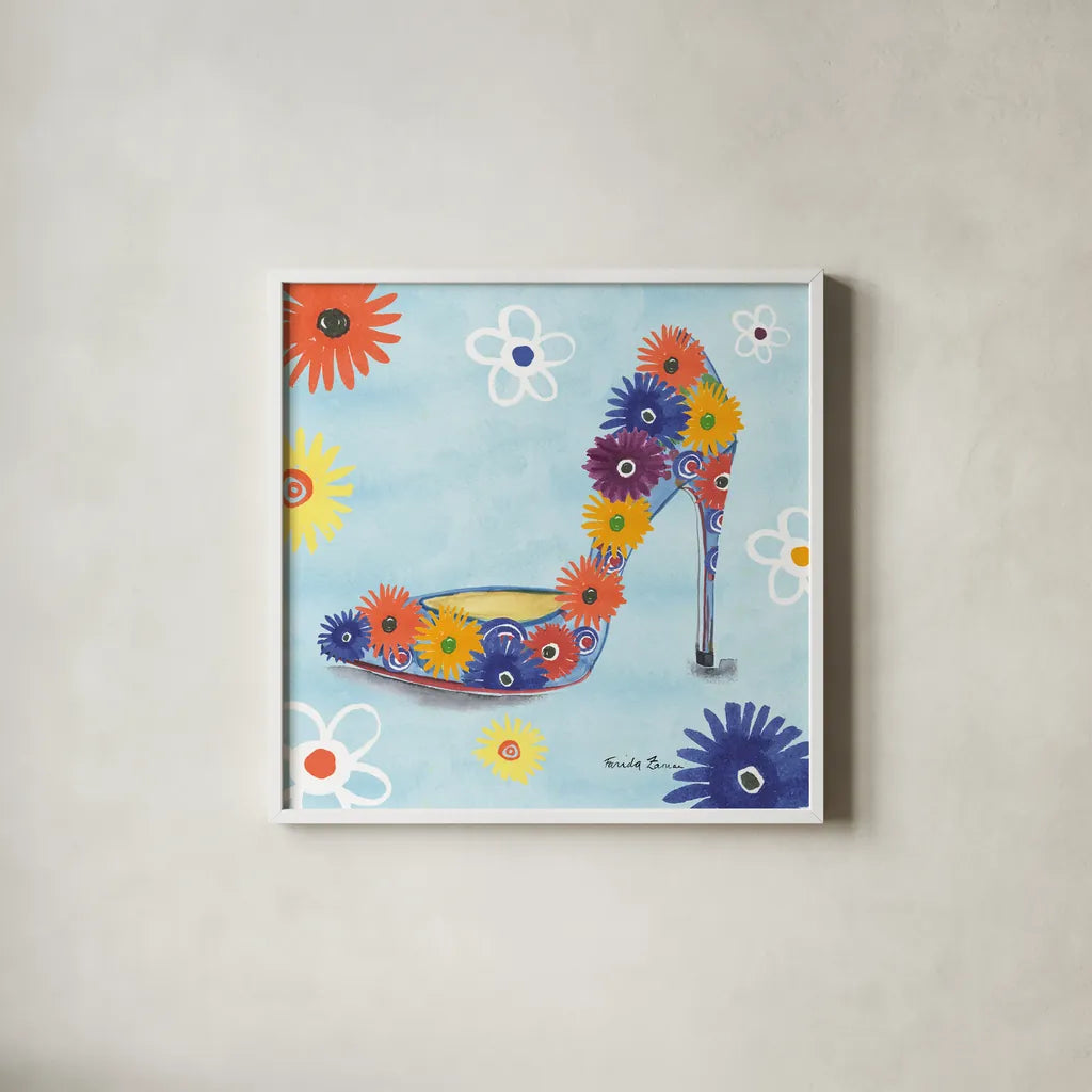 Love Shoes V by Farida Zaman. Shown in a crisp white glass frame for a clean and minimalist style. Available as an archival giclee rolled canvas, fine art paper, or poster print. SKU 33251a.