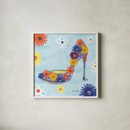 Love Shoes V by Farida Zaman. Shown in a crisp white glass frame for a clean and minimalist style. Available as an archival giclee rolled canvas, fine art paper, or poster print. SKU 33251a.