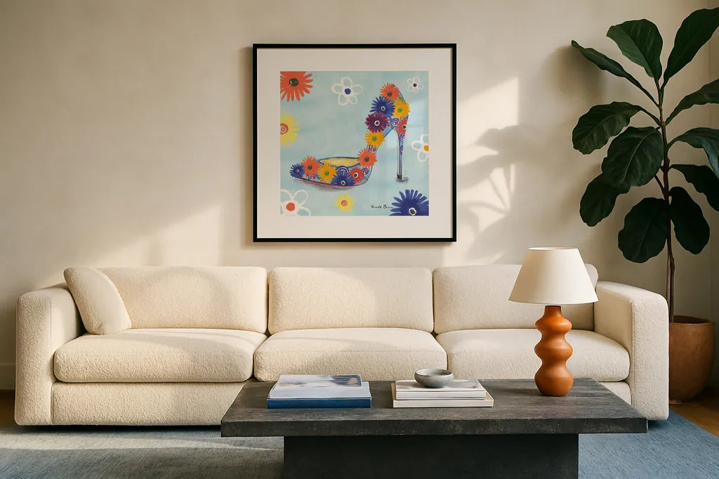 Love Shoes V by Farida Zaman. Displayed in a glass frame with matte in a clean modern living room. Available as an archival giclee rolled canvas, fine art paper, or poster print. SKU 33251a.