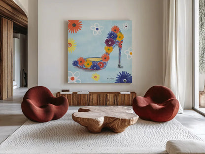 Love Shoes V by Farida Zaman. Shown as extra-large giant wall art in a modern living room. Available as an archival giclee rolled canvas, fine art paper, or poster print. SKU 33251a.