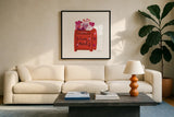 Love You III by Farida Zaman. Displayed in a glass frame with matte in a clean modern living room. Available as an archival giclee rolled canvas, fine art paper, or poster print. SKU 104110a.