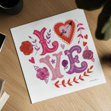 Love You IV by Farida Zaman. Shown as a detailed flat fine art print, highlighting archival giclee quality. Available as an archival giclee rolled canvas, fine art paper, or poster print. SKU 104111a.