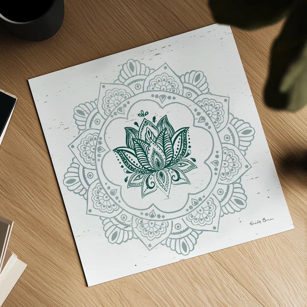 Mandala I by Farida Zaman. Shown as a detailed flat fine art print, highlighting archival giclee quality. Available as an archival giclee rolled canvas, fine art paper, or poster print. SKU 91102a.